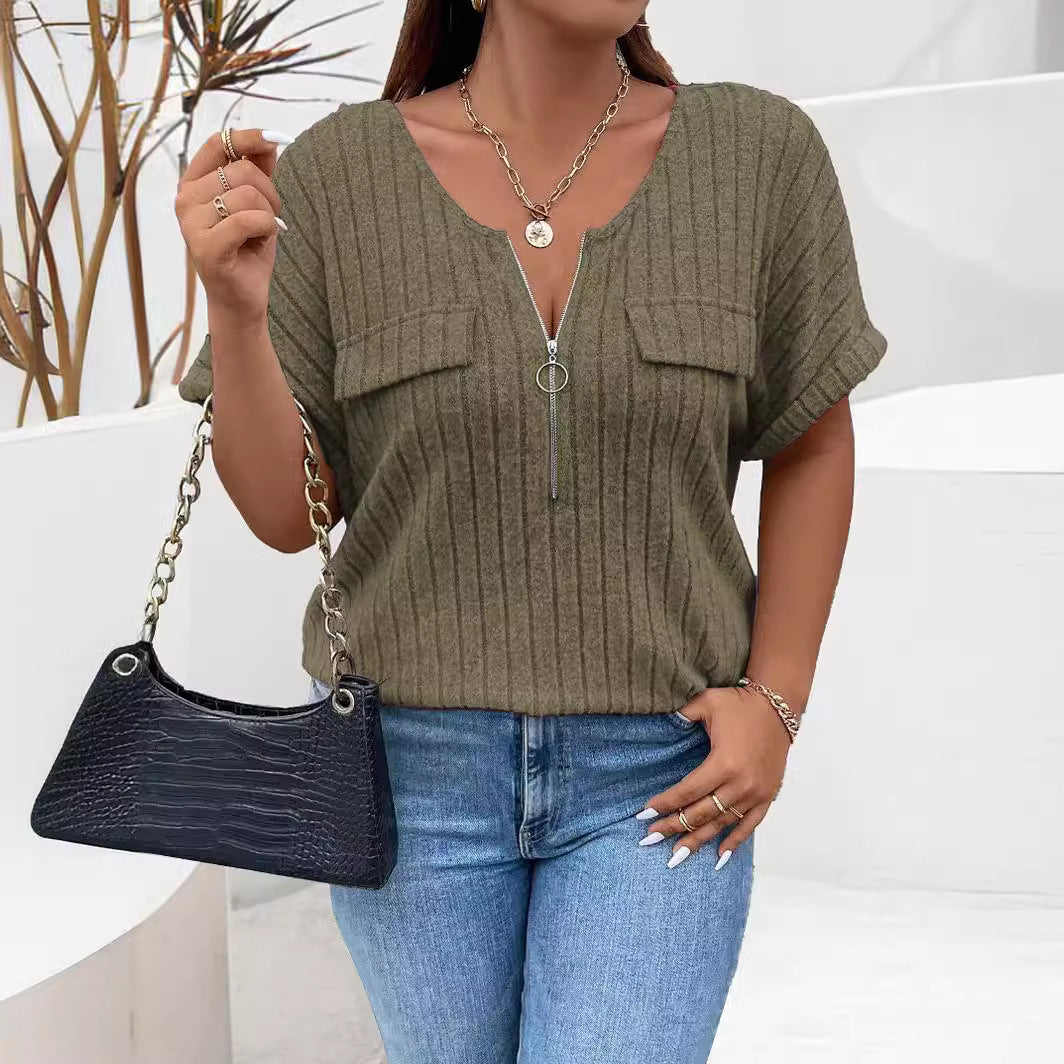 Solid-color Plus-size Top With Zipper Short Sleeves And Faux Pockets NorixaFashion.com