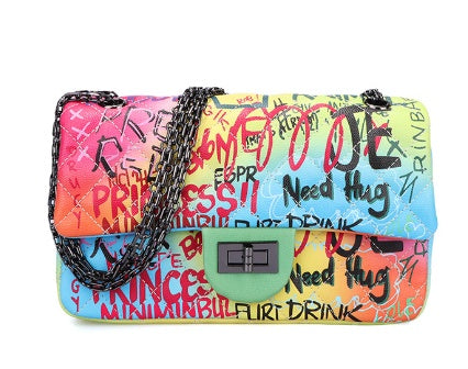 LadyShow Graffiti Print Handbag for Women - PU Leather Artistic Letter Print Shoulder Bag with Lock Closure (Medium-Soft, Hard Handle) LadyShow.Store