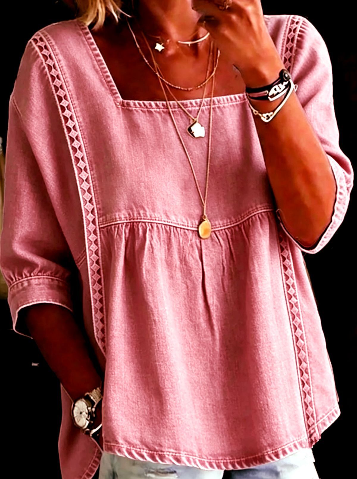 Denim And Lace Patchwork Blouse European And American Style NorixaFashion.com