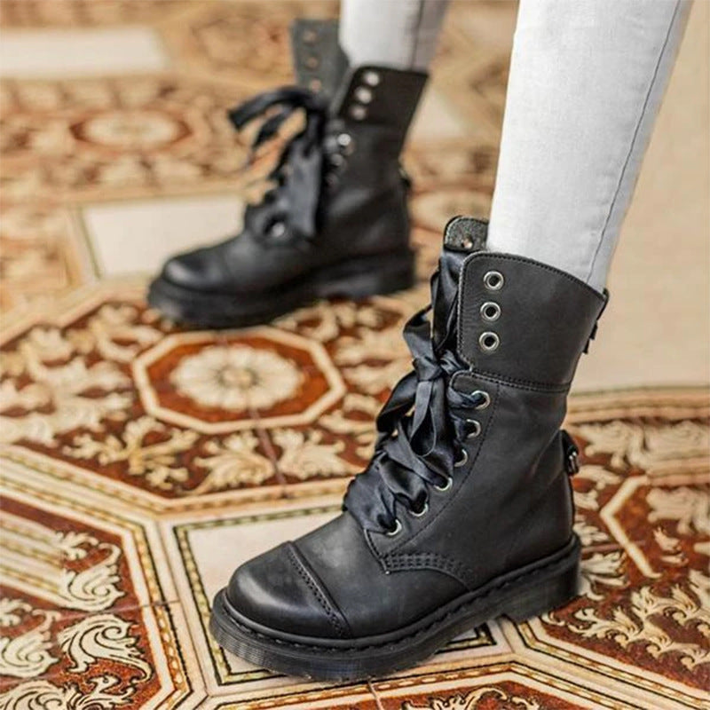 British-style Lace-up Round-toe Flat Ankle Boots For Women LadyShow.Store