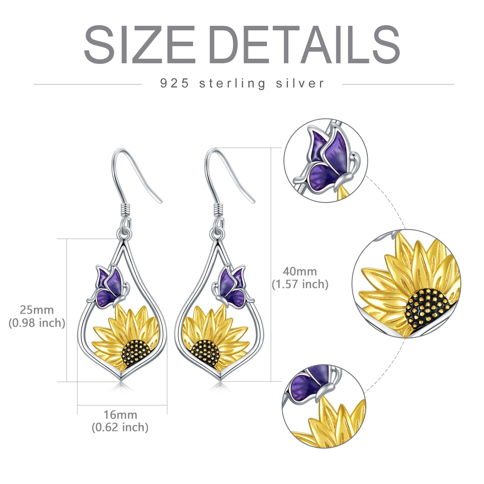 Sterling Silver Sunflower Dangle Earrings with Purple Butterfly Gift for Women LadyShow.Store