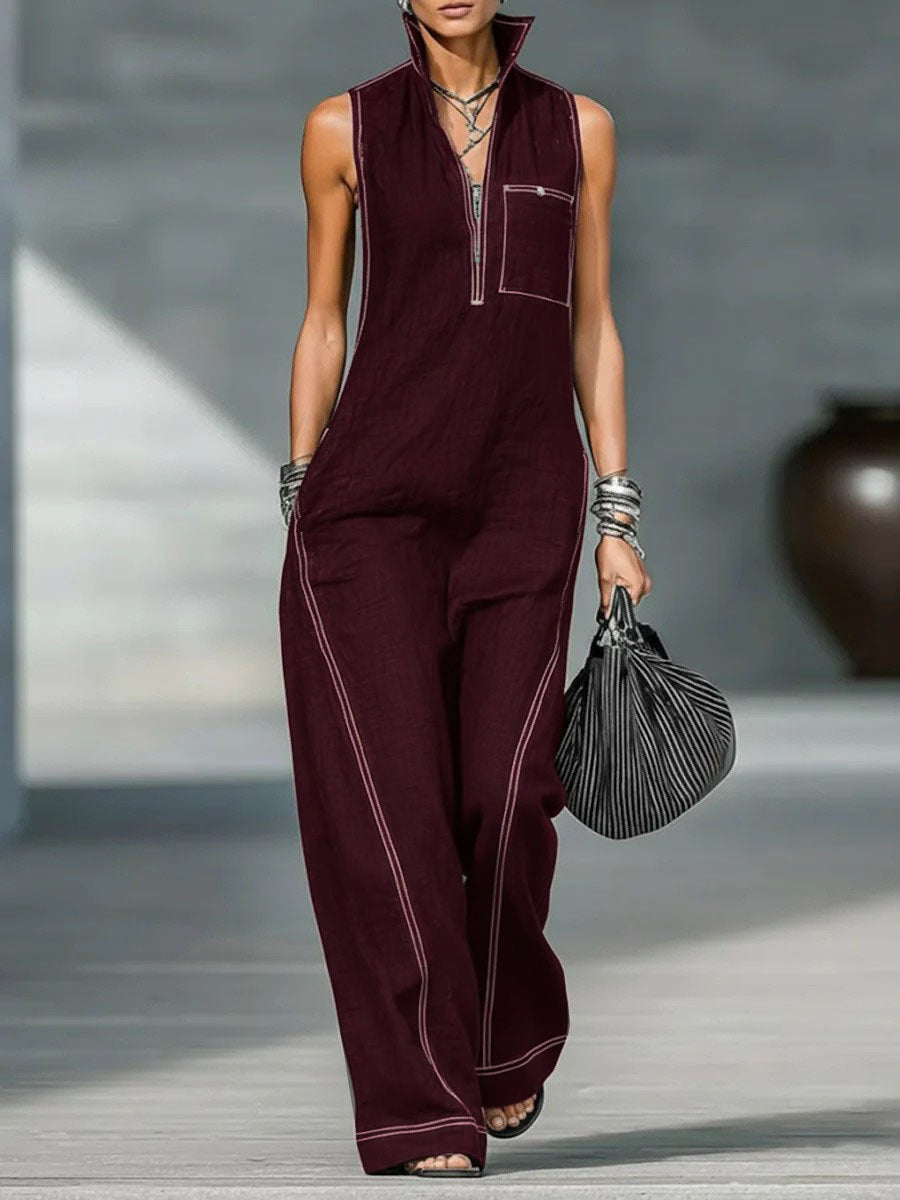 Stand-up Collar Jumpsuit With Pockets Summer Fashion Casual Sleeveless Jumpsuit Trousers Women's Clothing LadyShow.Store