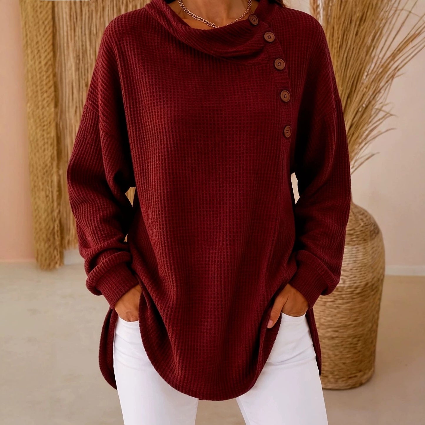 Womens Solid-Color Waffle-Weave Long-Sleeve Button-Up Casual Shirt Comfortable Top NorixaFashion.com