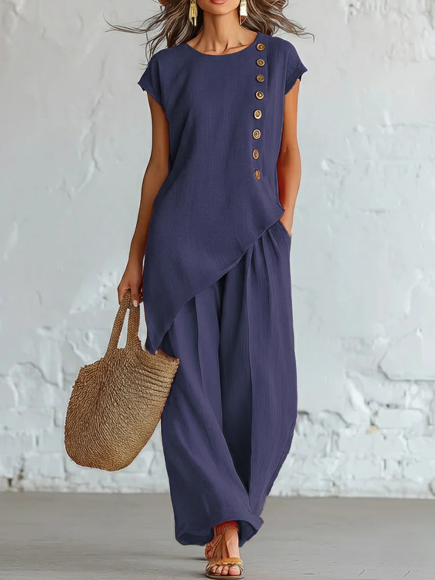 Womens Solid-Color Crew-Neck Buttoned Short-Sleeve Wide-Leg Pants Set NorixaFashion.com