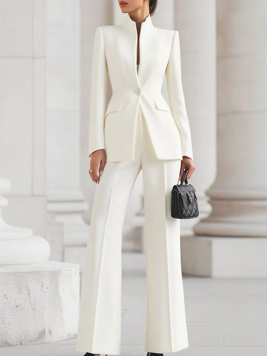 2026 European And American Women's Fashion Independent Long-Sleeve Solid Color Pocket Single-Button Blazer And  Long Suit Pants Two-Piece Set NorixaFashion.com