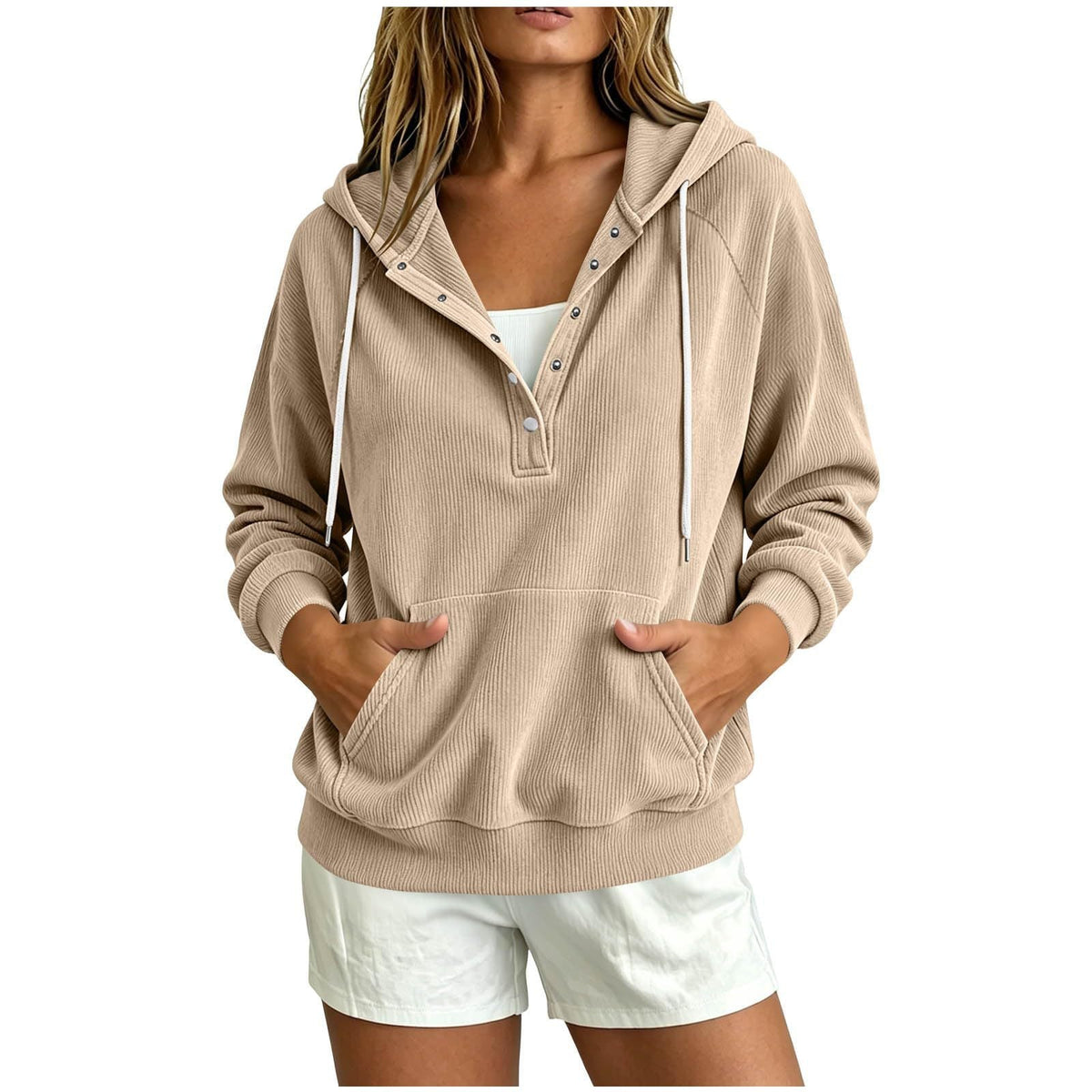 2026 Autumn New Style European Women's Dressy Corduroy Hooded Sweatshirt With Half-Closed Button And Drawstring Loose Top For Women NorixaFashion.com