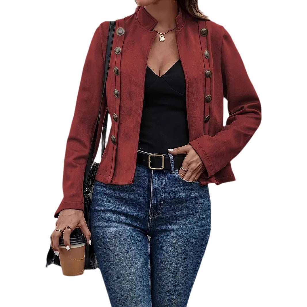 Double-row Metal Buckle Deerskin Velvet Retro Long-sleeved Coat LadyShow.Store