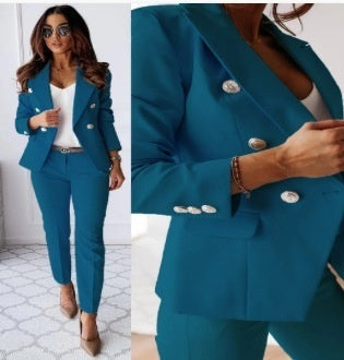 Casual Blazer Suit Slim Lapel Double-breasted Jacket And Zip-up Trousers Women's Clothing NorixaFashion.com