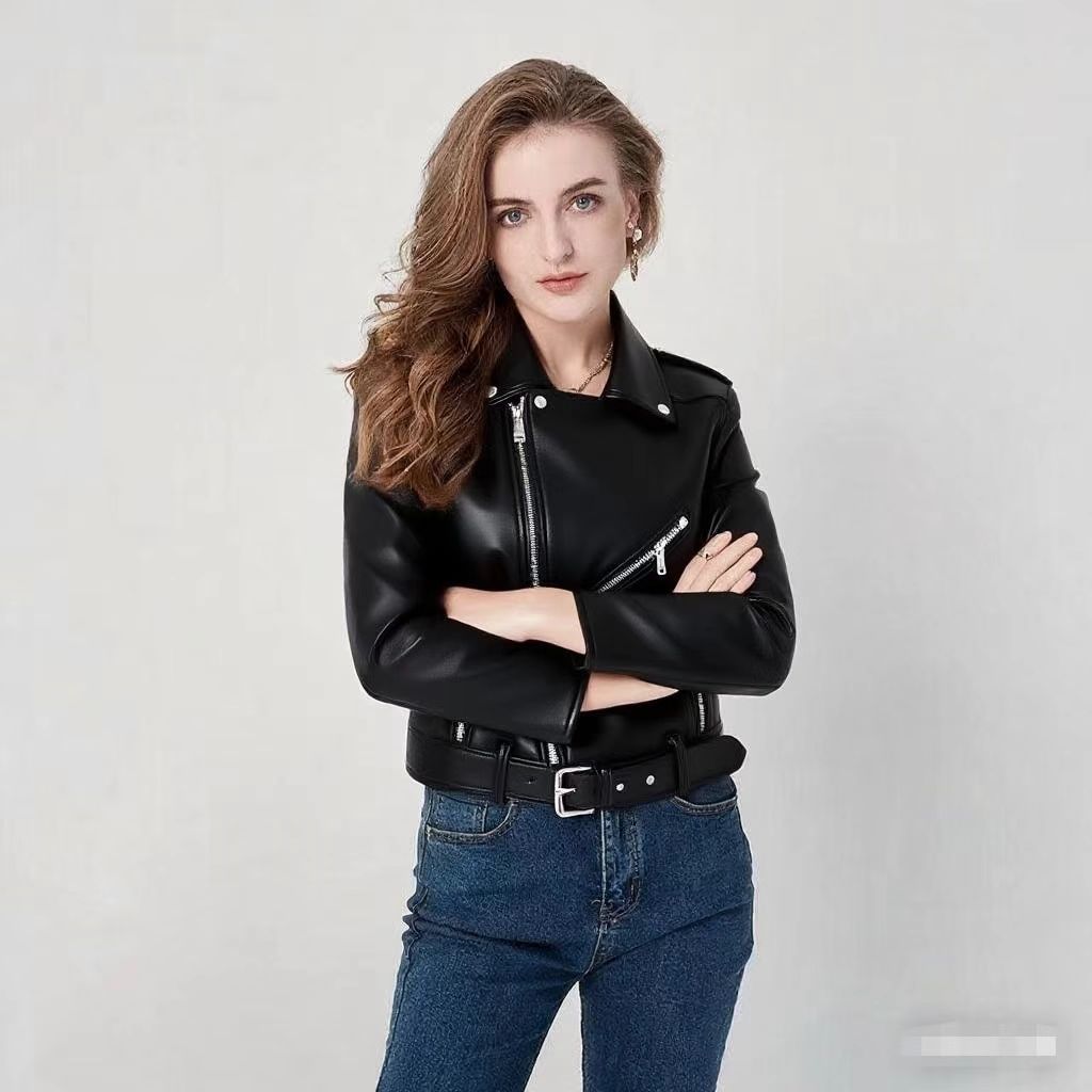 Women's Fashion Diagonal Zipper Slim Fit Washed Motorcycle Jacket LadyShow.Store