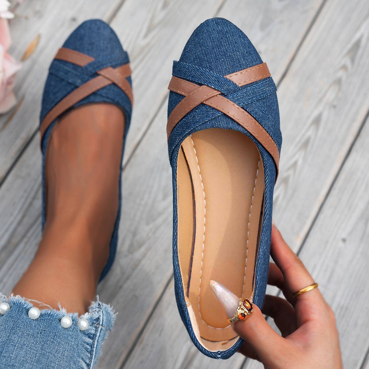 Ins Cross-Strapped Denim Loafers NorixaFashion.com