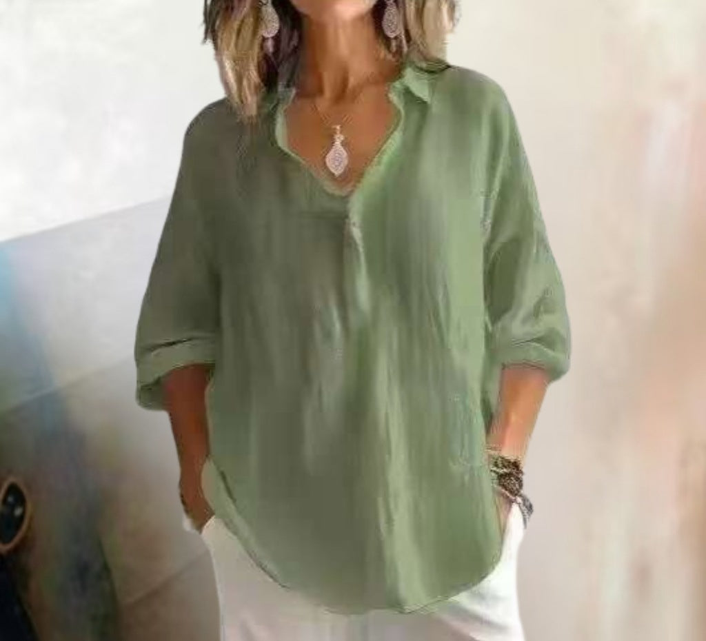 Fashion Long-sleeved Lapel Pullover Shirt Casual Loose Solid Color T-shirt Tops Women's Clothing NorixaFashion.com