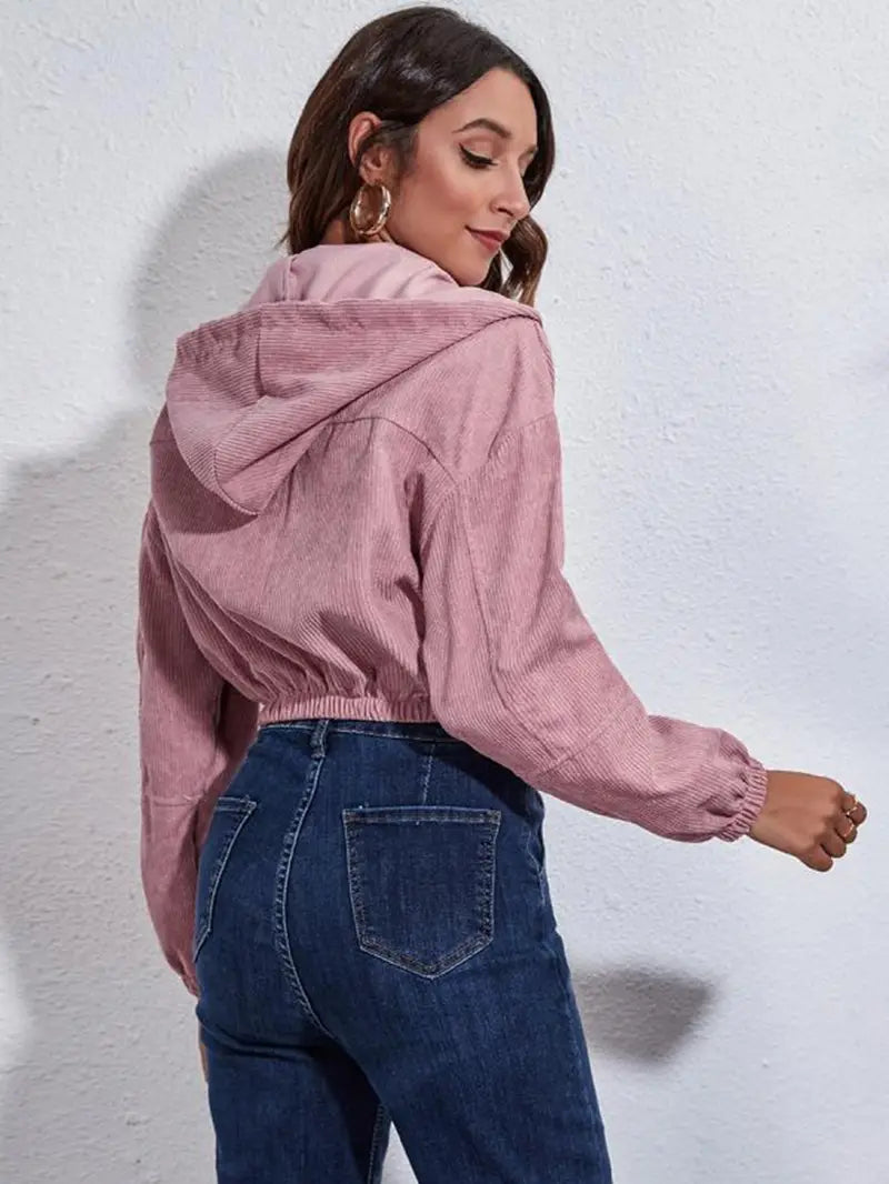 Casual Corduroy Hooded Jacket for Women - Loose Fit Pi-Mart
