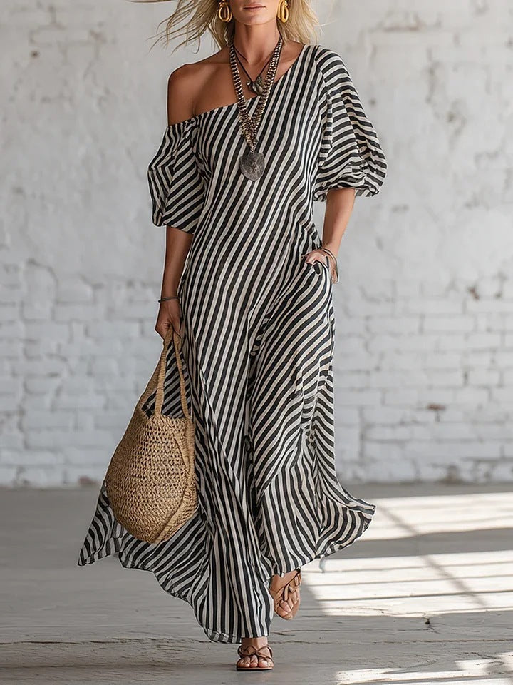 Womens Striped Off-shoulder Dress LadyShow.Store