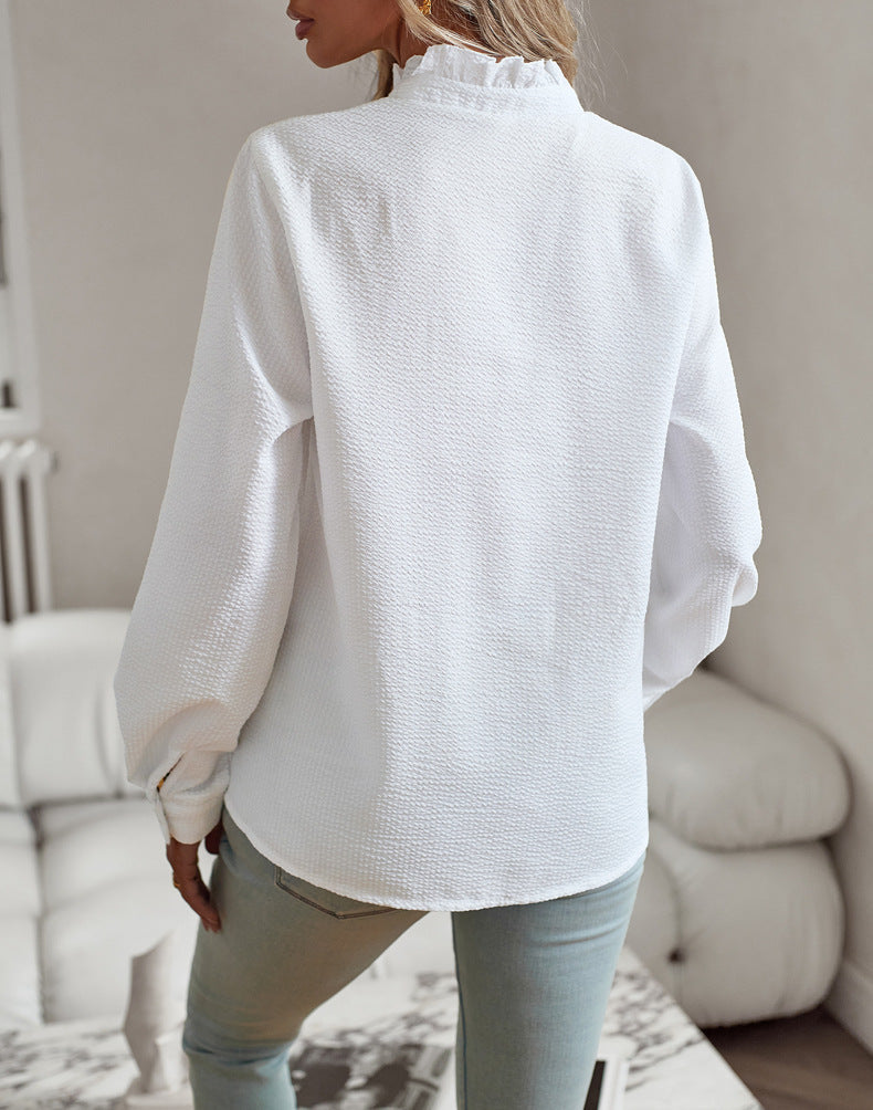 Striped Long Sleeve Shirt Fashion Ruffle Design Button Up Tops Casual Office Blouse Elegant Commuting Women's Clothing NorixaFashion.com
