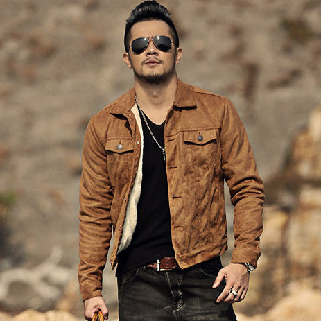 Mao Mao lining men's slim short jacket leatherette men's suede jacket Best YouTube Store