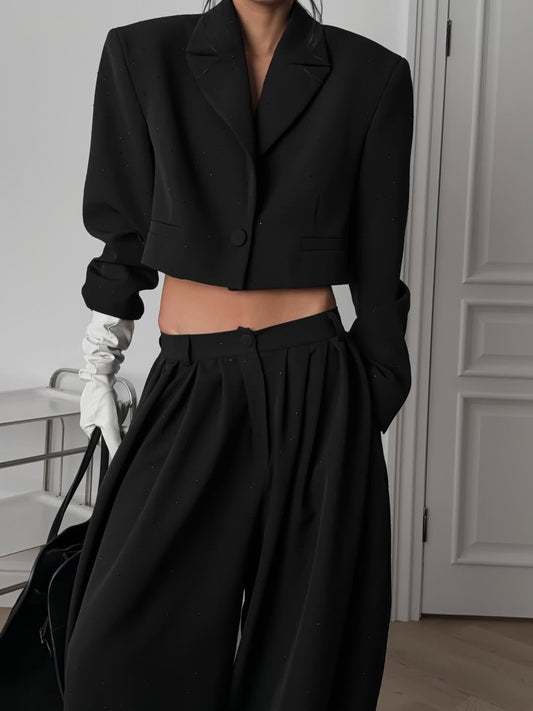 Black Rhinestone Embellished Cropped Blazer & Wide Leg Pants 2-Piece Set NorixaFashion.com