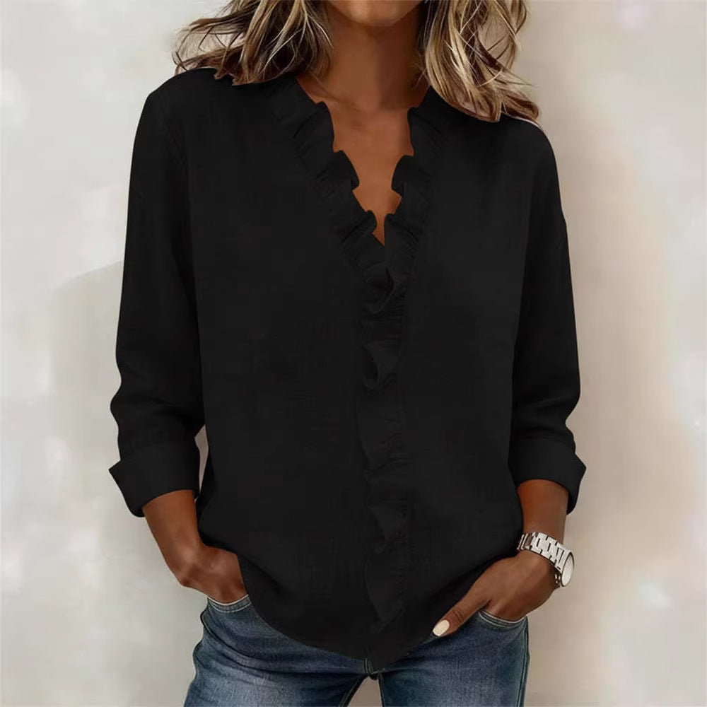 Ruffled Long Sleeve Cotton Shirt NorixaFashion.com
