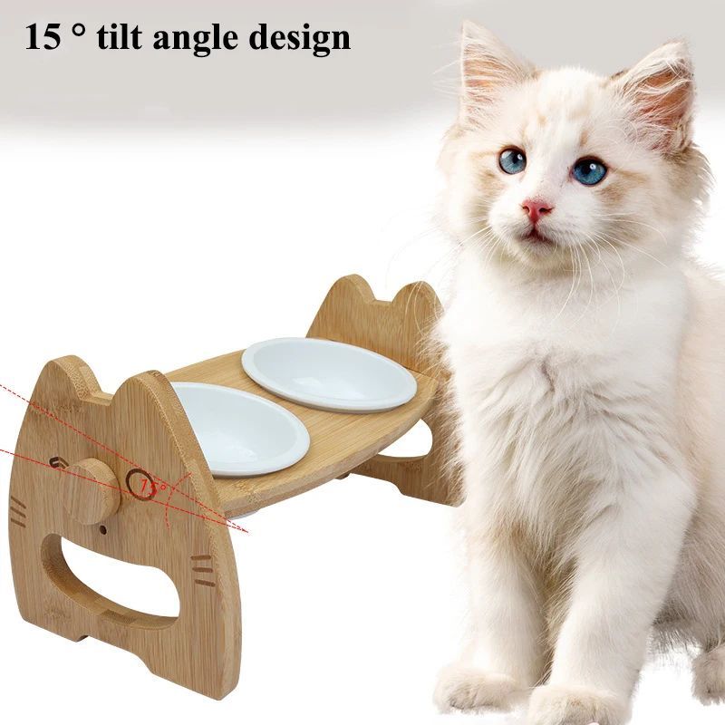 Pet Bowl Ceramic Double Bowl Wooden Stand Neck Protection Dog Cat Food Basin Height Adjustable Tilt Separate Bowls Pet Accessori Pets Fashion