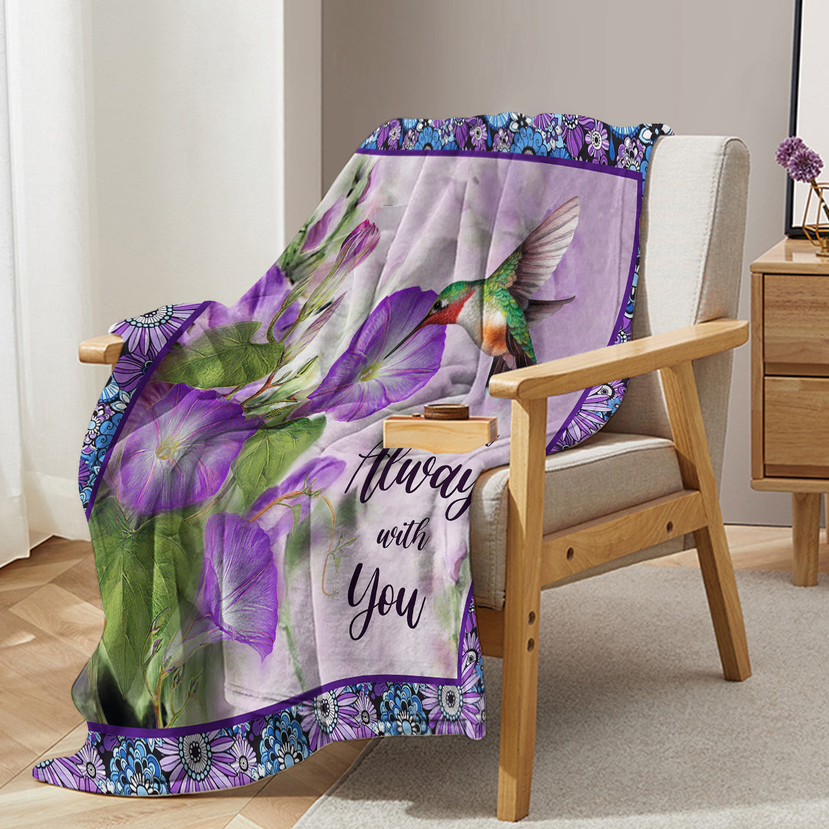 1pc Purple Morning Glory Hummingbird Print Flannel Blanket, Comfortable And Warm Home Throw For Bed, Sofa, Camping, And Multi-Scene Use With Seasonal Versatility PearlNestDecor.com