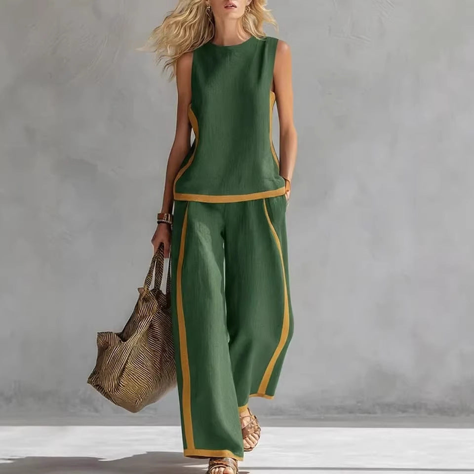 Summer Suits Round-neck Sleeveless Vest Top And High-waist Wide-leg Pants Casual Loose Set NorixaFashion.com