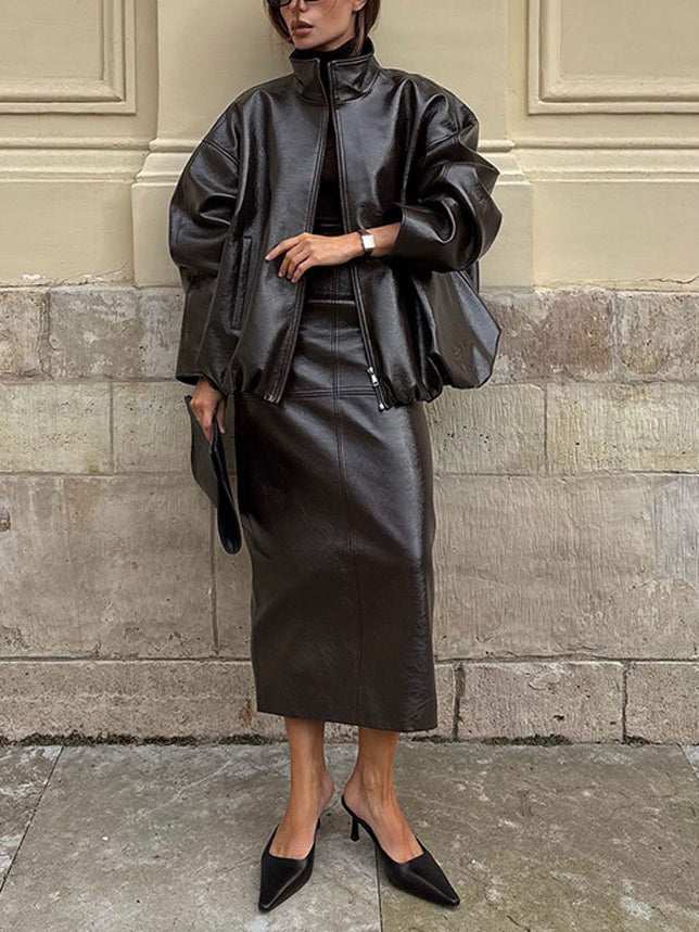 Olive Green Faux Leather Jacket And Midi Skirt Set NorixaFashion.com
