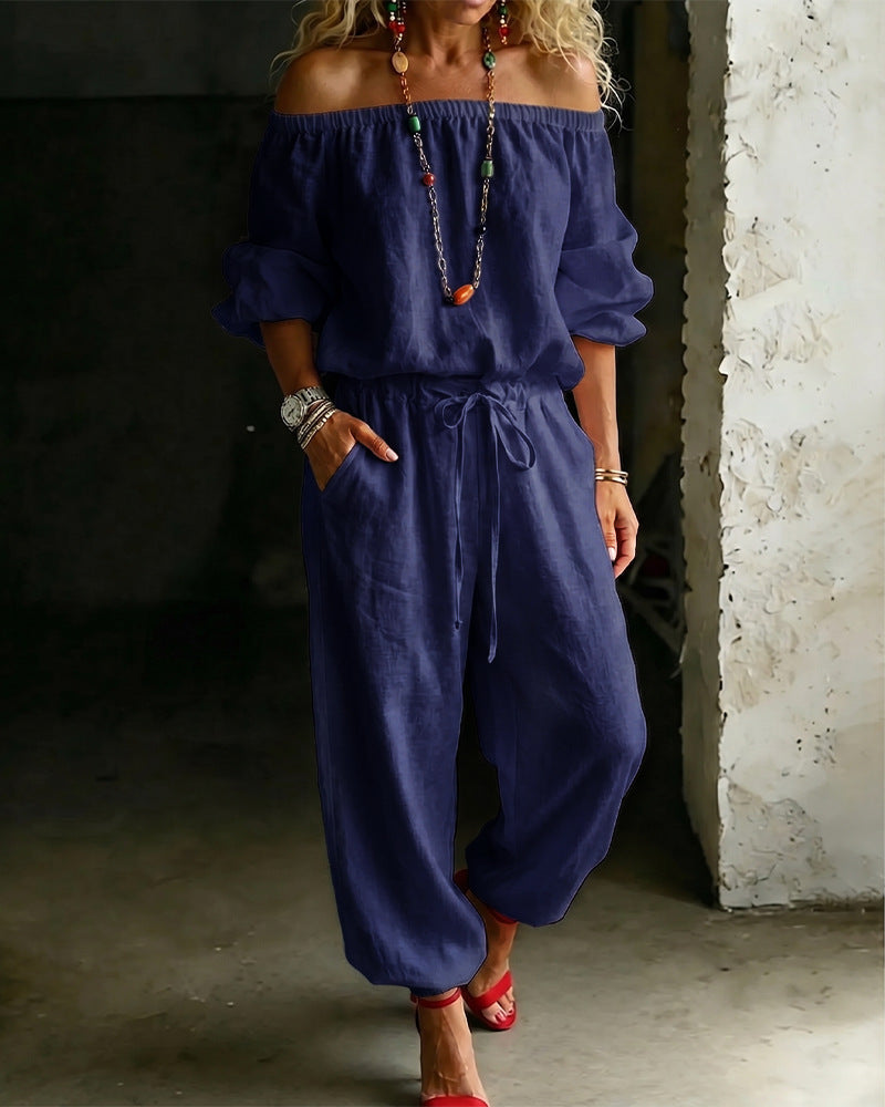 One-shoulder Top And Casual Drawstring Jogger Pants Jumpsuit Set NorixaFashion.com