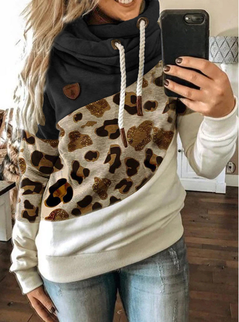 Printed stitching hooded fleece loose sweatshirt LadyShow.Store