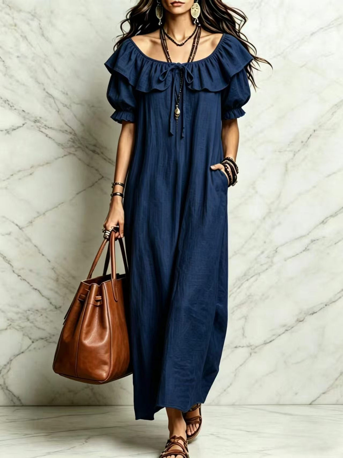 Summer 2026 Women's New Round Neck Ruffled Casual Seaside Vacation Dress From Europe And America NorixaFashion.com