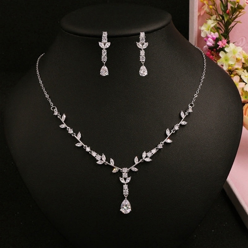 Simple Bridal Zircon Wedding Handmade Ornament Necklace And Earrings Suite LadyShow.Store