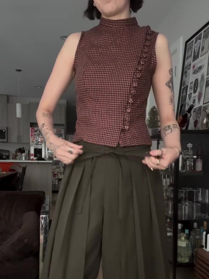 Red Black Gingham Turtleneck Sleeveless Side Ruffle Crop Top NorixaFashion.com
