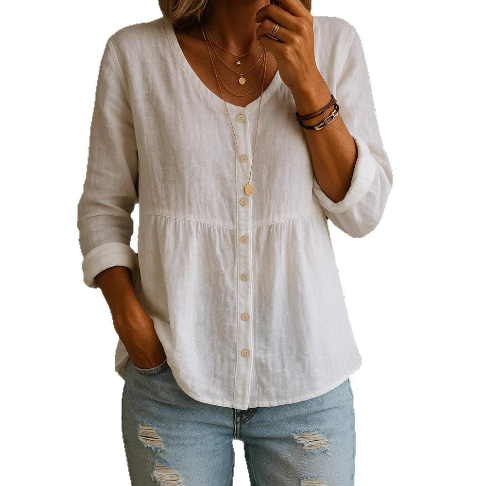 Casual Loose Fashion Cotton And Linen Long Sleeve V-neck Buttons Shirt NorixaFashion.com