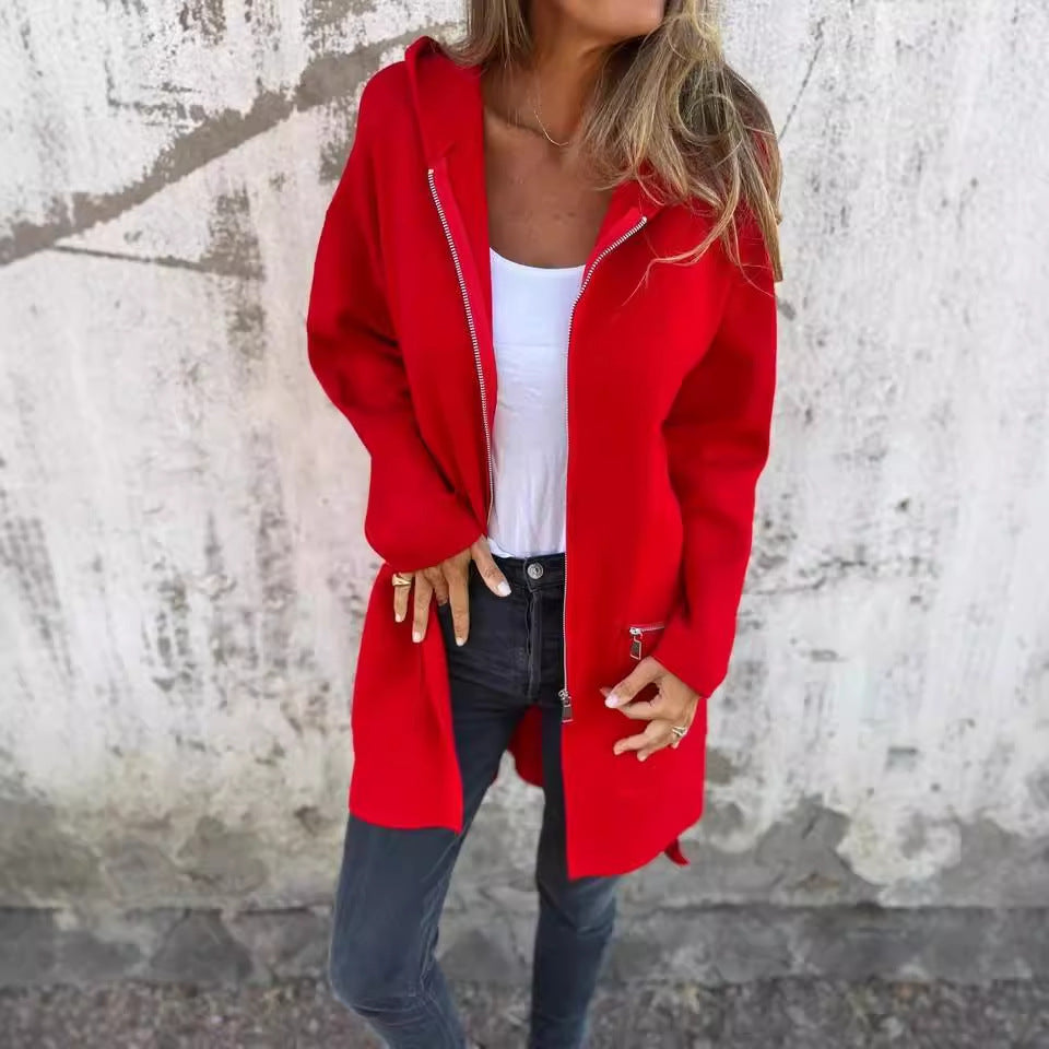 Zip-up Hooded Cardigan Coat Fashion Solid Color Pocket Jacket Fall And Winter Women's Coat Clothing NorixaFashion.com