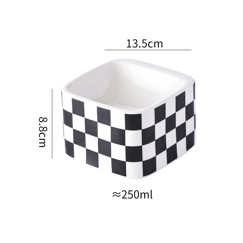 Black And White Lattice Ceramic High Foot Neck Protecting Pet Bowl Pets Fashion