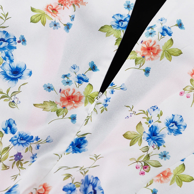 Contrast Lapel Puff Sleeve Floral Print Midi Dress NorixaFashion.com