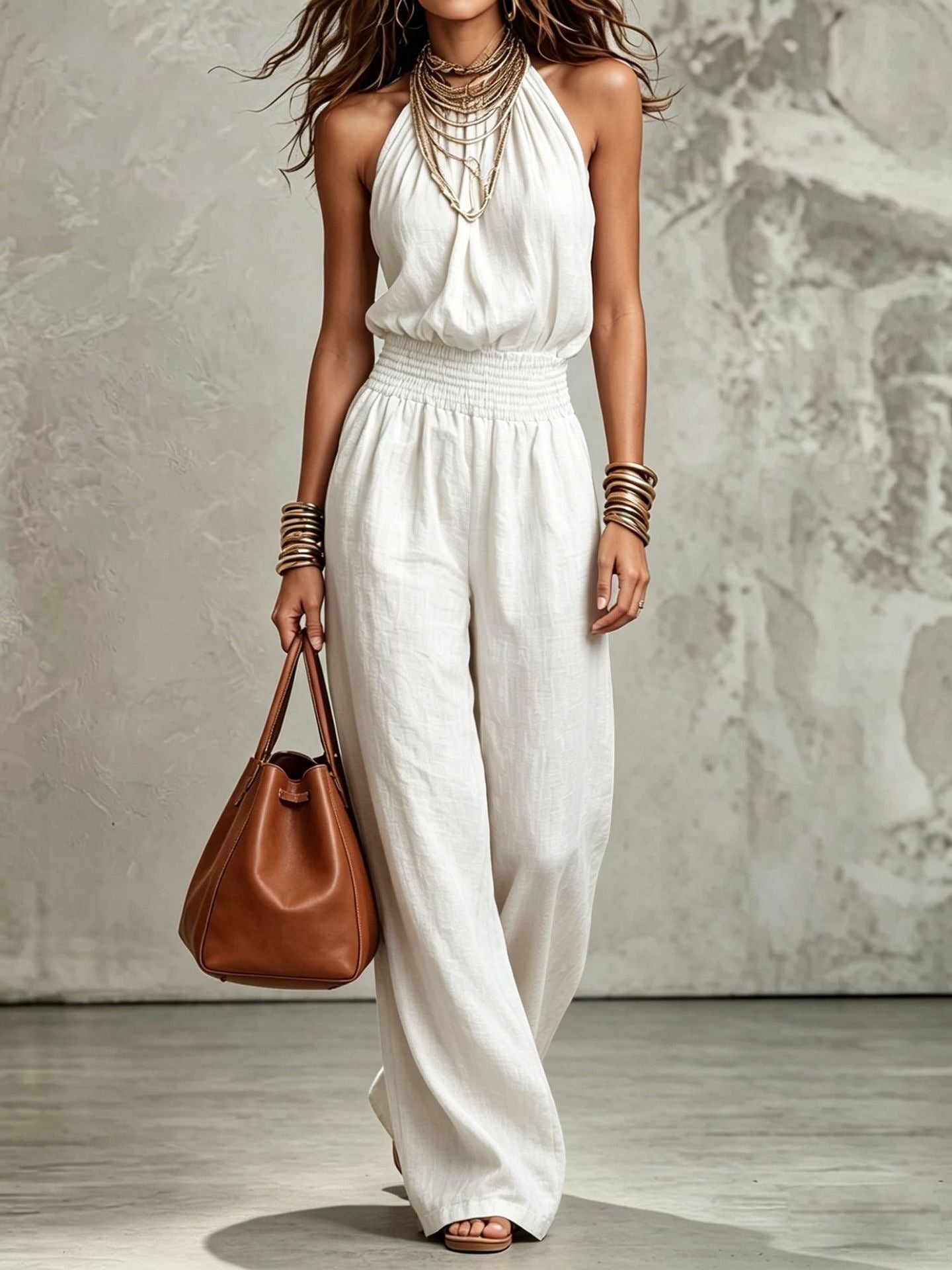 Womens Sleeveless Jumpsuit Backless Lace-up Halter Overall Pants Wide-leg Straight Onesie Trousers NorixaFashion.com