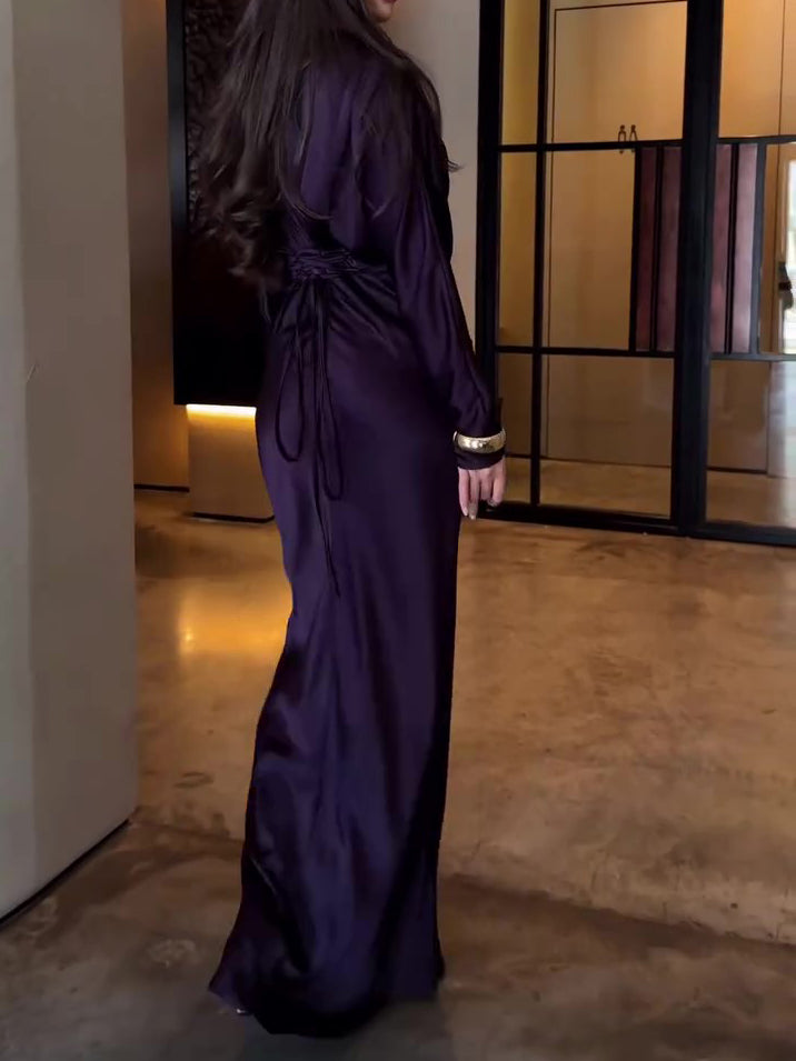 Plum Satin Maxi Dress With Wrap Front And Ruched Detail NorixaFashion.com