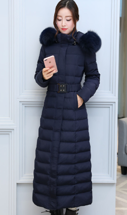 Fashionable Long Thick Solid Color Down Jacket with Fur Collar Pi-Mart