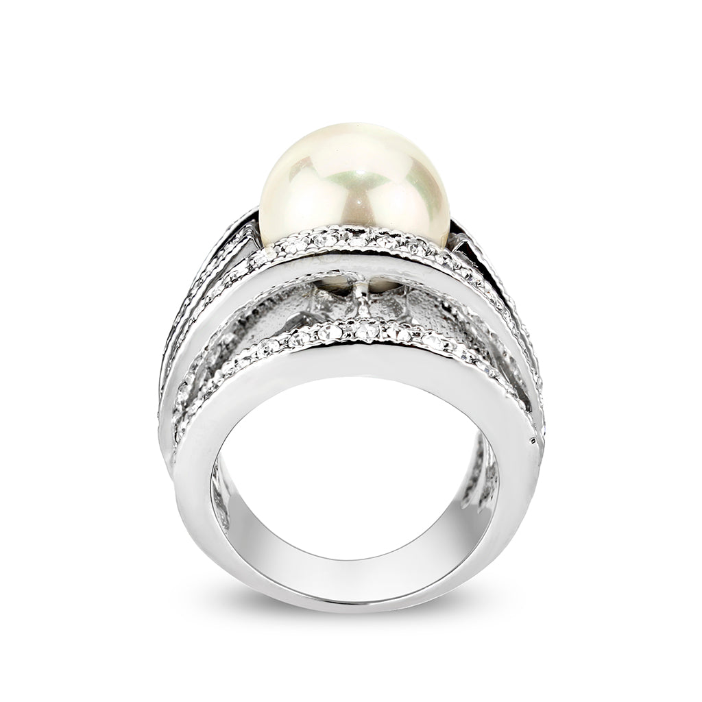 LO5W242-  Brass Ring With Pearl  in White  Rhodium Plated LuxuryLifeWay Online Store