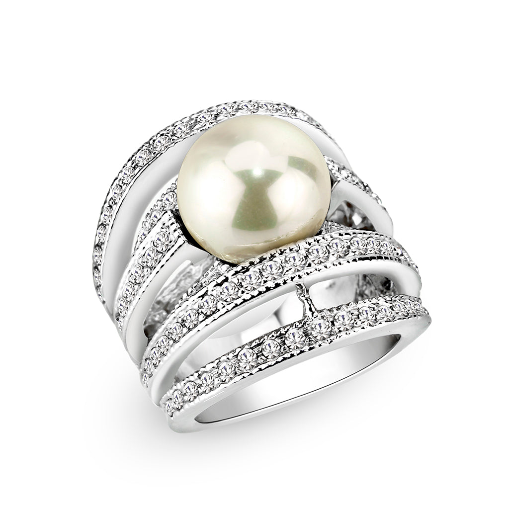 LO5W242-  Brass Ring With Pearl  in White  Rhodium Plated LuxuryLifeWay Online Store