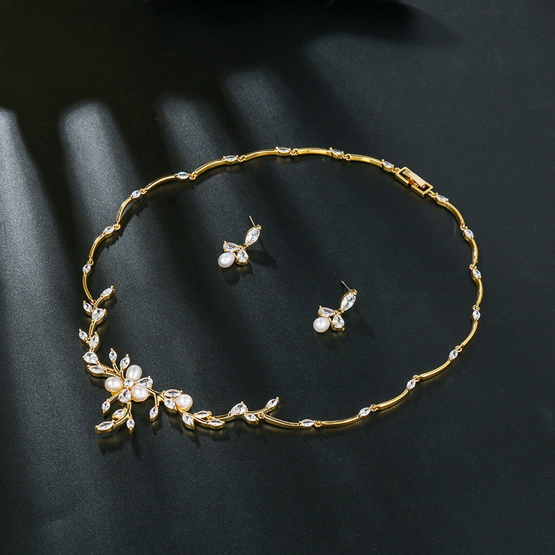 Sweet Pearl Zircon Ear Stud Necklace Jewelry Suit LadyShow.Store
