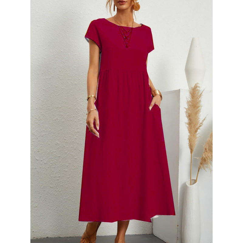 2026 New European And American Women's Round Neck Solid Color Pullover Comfortable Casual Dress NorixaFashion.com