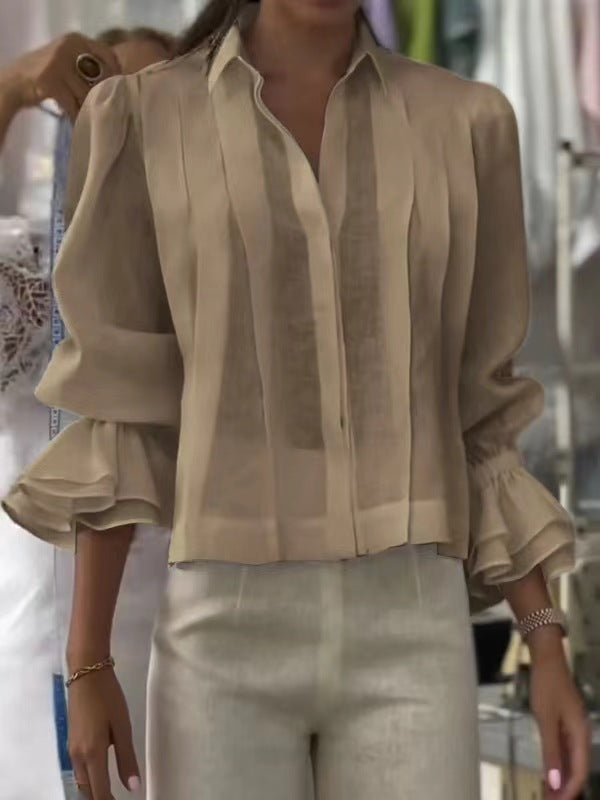 Pleated Solid Color Stitching Short Sleeve Shirt NorixaFashion.com