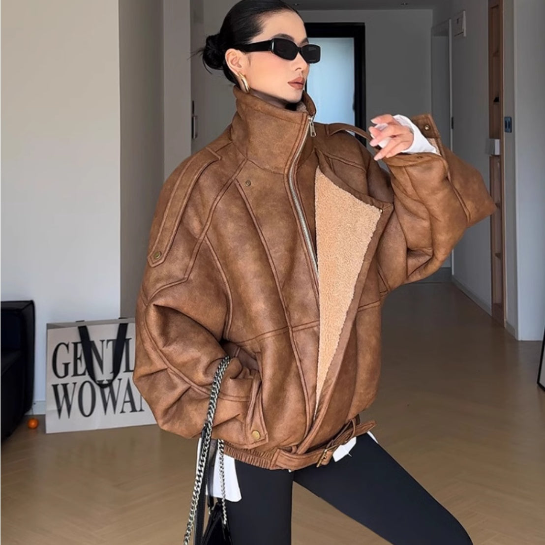 Retro Motorcycle Clothing Lapel With Velvet Thickened Fur Jacket LadyShow.Store
