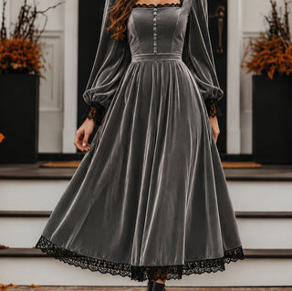 Square-neck Lace-panel Velvet Dress NorixaFashion.com