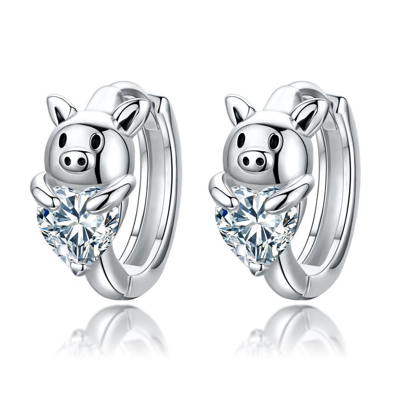 Hypoallergenic Cubic Zirconia Pig Small Cute Heart Huggie Hoop Earrings LadyShow.Store