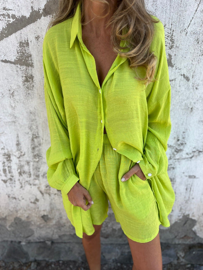 2pcs Loose Long-sleeved Shirt Suit With Lapel Button Tops And Elasticated Shorts Fashion Casual Clothing For Women NorixaFashion.com