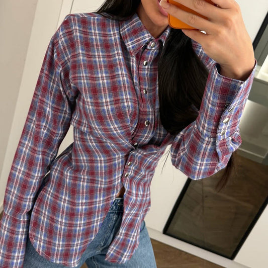 Retro Plaid Collared Long-sleeved Fitted Shirt NorixaFashion.com