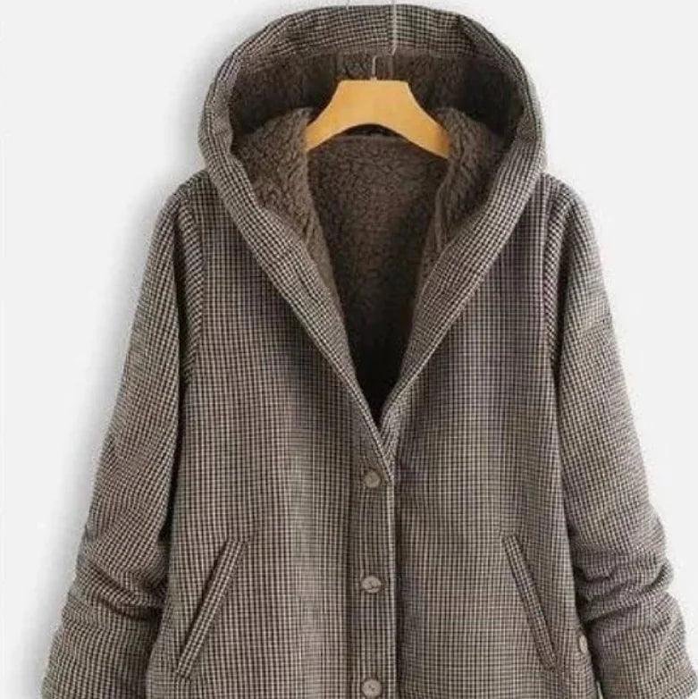 Solid Color Button Hooded Jacket and Plaid Jacket
