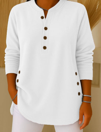 V-neck Buttons Sweater Fashion Casual Solid Color Long-sleeved Tops Women's Blouse T-shirt Clothing NorixaFashion.com