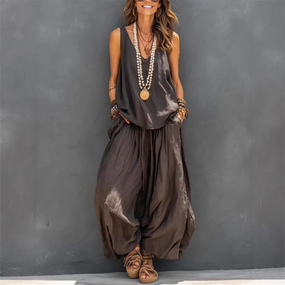 Womens Solid-Colored Casual Sleeveless Tank Top And Wide-Leg Pants Cotton-Linen Set LadyShow.Store